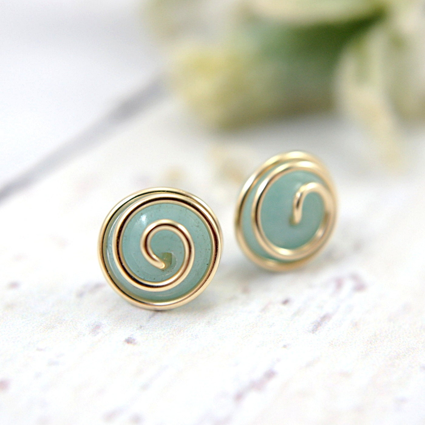 Amazonite blue green rosebud post earrings gemstone 14k gold filled wire wrapped