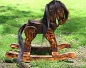 Restored pine wood rocking horse with real horse hair mane and tail and deerskin leather tack OOAK recycled upcycled