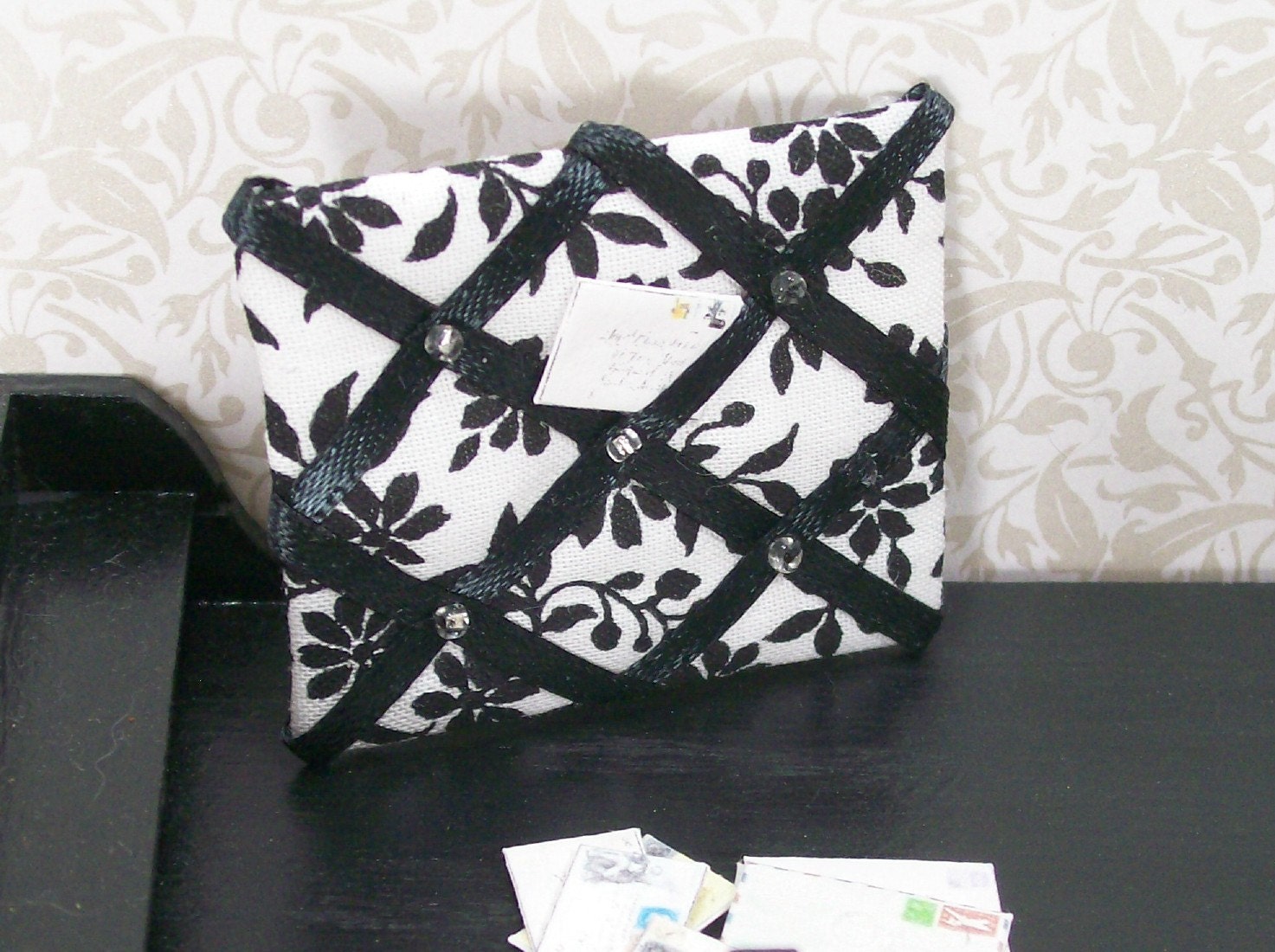 Dollhouse Miniature French Memo Message Board Country Shabby Chic One Inch Scale Black White Toile Floral