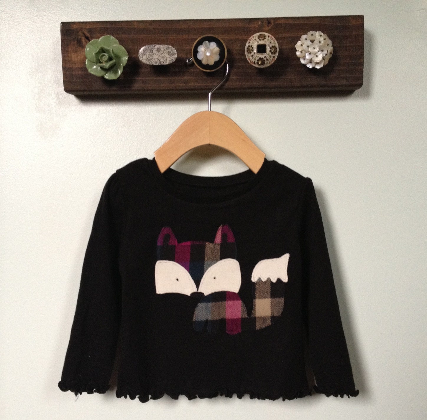 Purple, blue, cream, and Black Plaid Friendly Fox Long Sleeved Applique Shirt Size 12 months