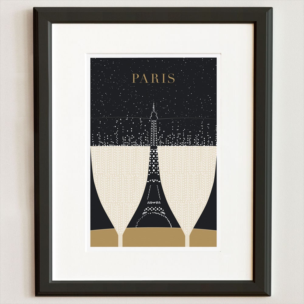 Illustration, Paris Print , Eiffel Tower Drawing - 13x19 Art Print, Art Poster, Paris Illustration, Black and Gold, Wall Art