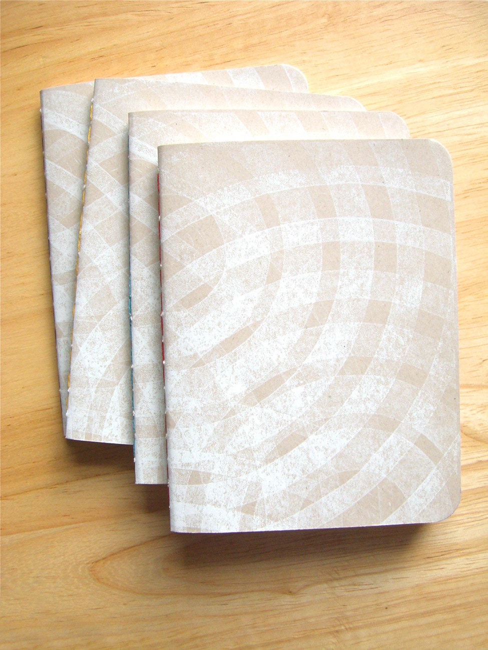 Set of 4 Color Stitched Journals - Circle Ripples Linocut-Print - Recycled paper - Blank Inside
