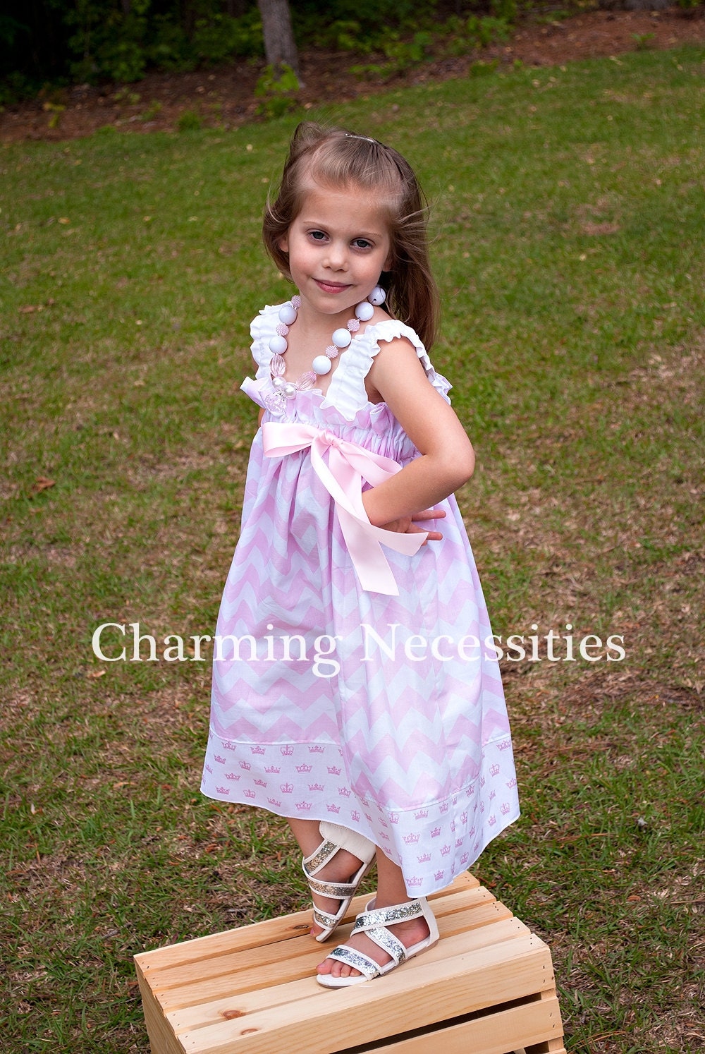 Pink Chevron Dress, Girls Ruffled Sun Dress Posh Princess by Charming Necessities