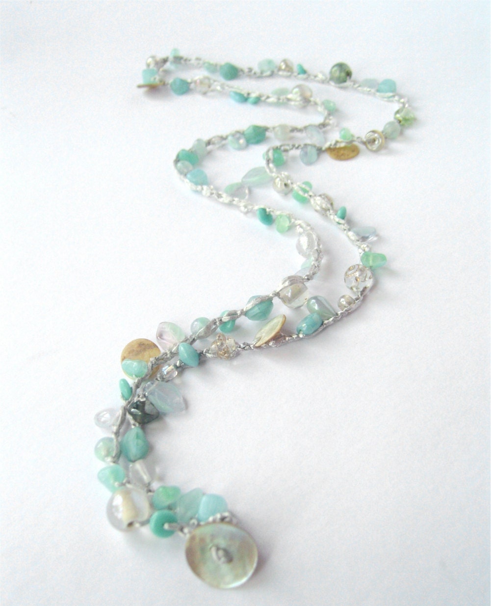 Shimmery Silver Crochet Long Necklace 4X Wrap Bracelet - Light aqua, silver