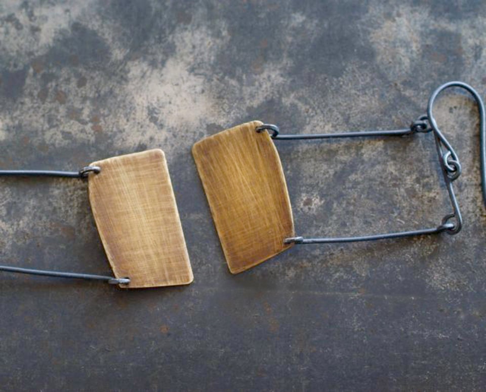 Brass and Sterling Modern Rectangle Earrings, Art Jewelry, Statement Earrings, Minimalist Modern Tribal