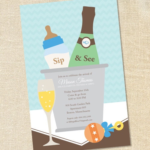 Sweet Wishes 20 Champagne Baby Shower Sip & See Invitations BOY - Custom Quantities (As Low as 1.19 Each)