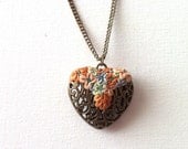 Heart pendant with  flowers - long necklace vintage style