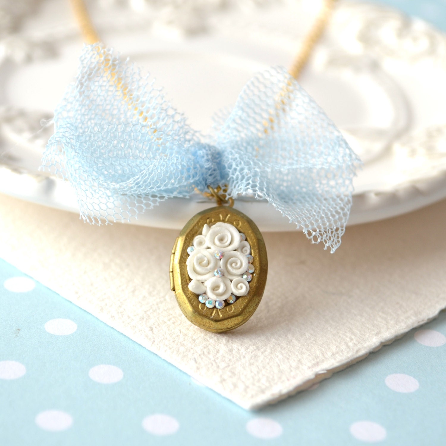 Small locket necklace - white rose - flower jewelry