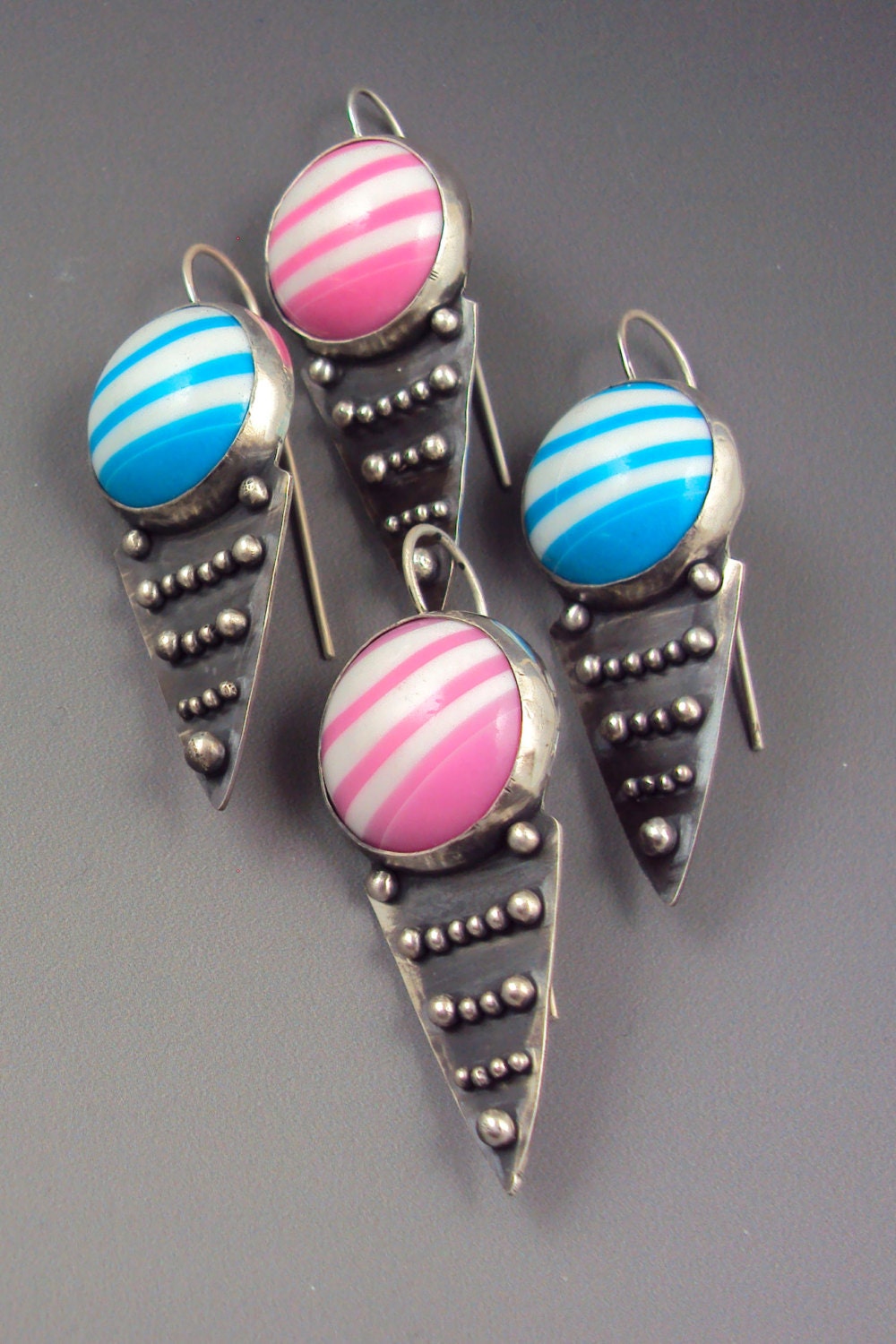 Granulated Silver Earrings with Vintage Blue and Pink Lucite Cabochon