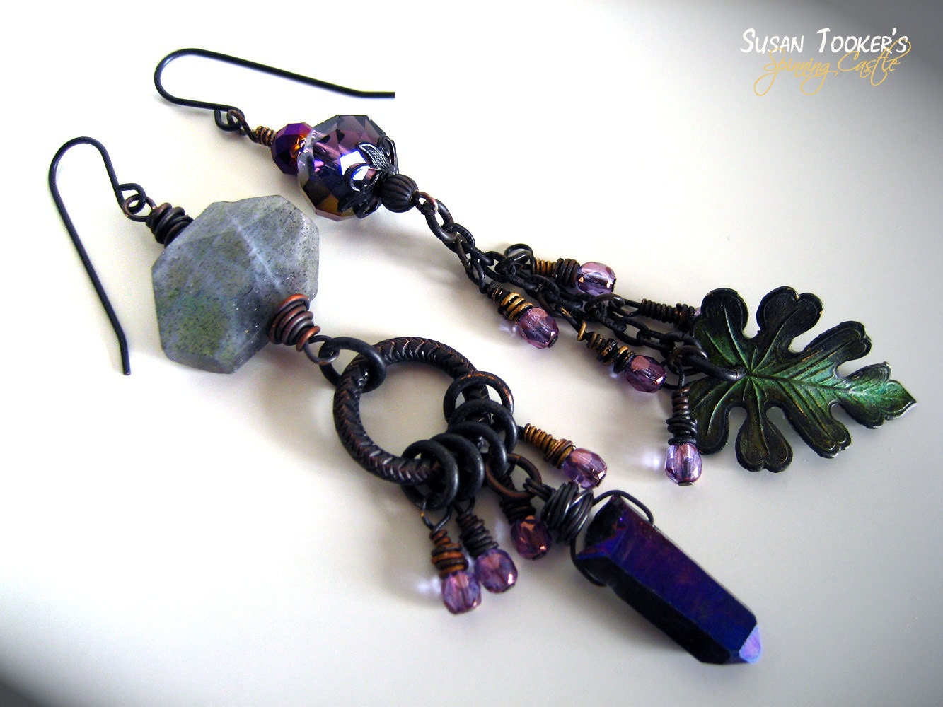 Asymmetric Mismatch Earrings Green Verdigris Leaf Labradorite Tanzan Crystal Dangle Bohemian Boho Tribal FAIRY TRINKETS by Spinning Castle