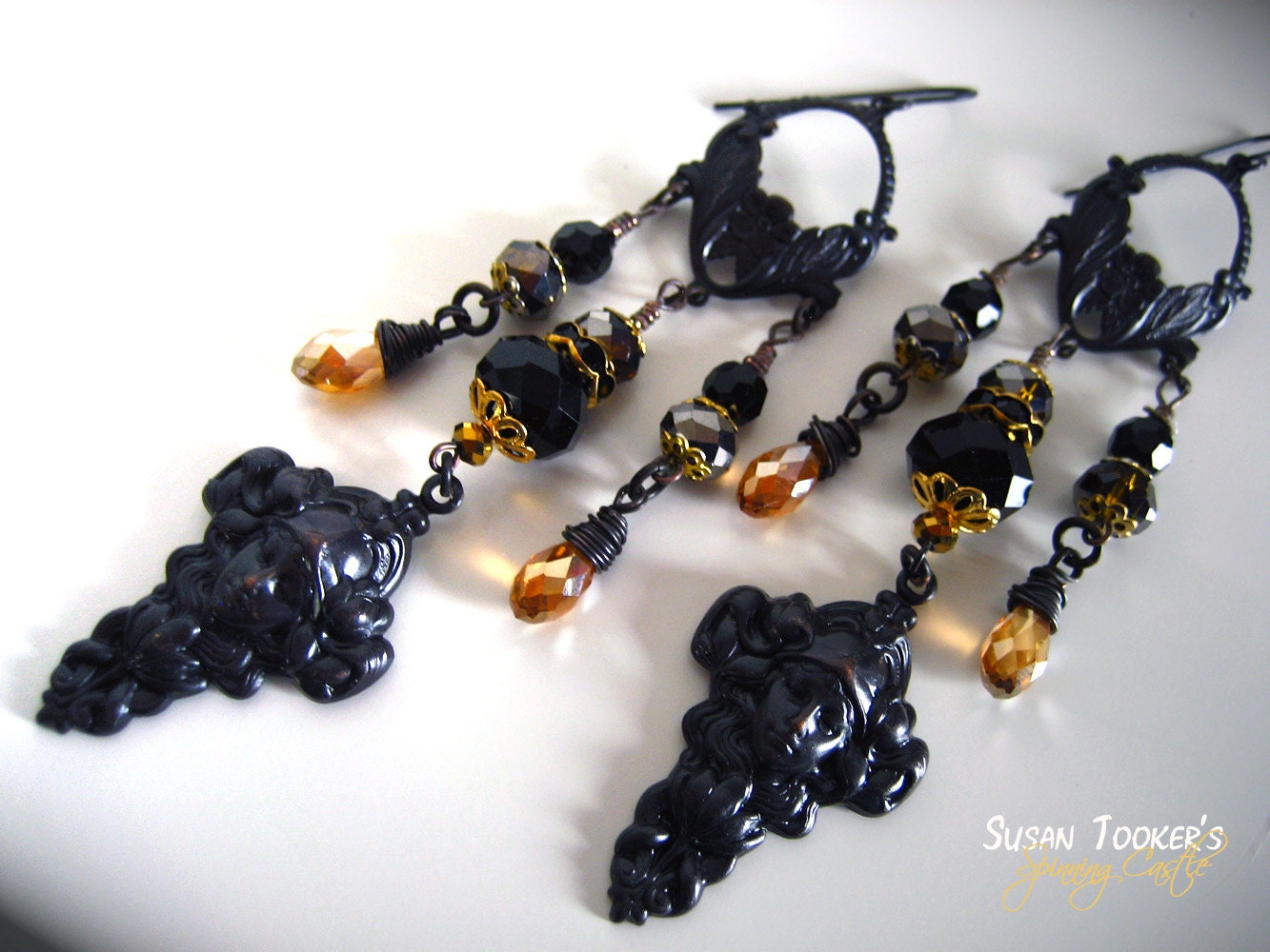 Art Nouveau Goddess Earrings Ebony Black Gold Crystal Beads Dark Patina Victorian Romantic Goth Dangle UNDERWORLD QUEEN by Spinning Castle