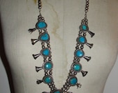 Native American Navajo Sterling Silver Bead and Blue Turquoise Squash Blossom Necklace