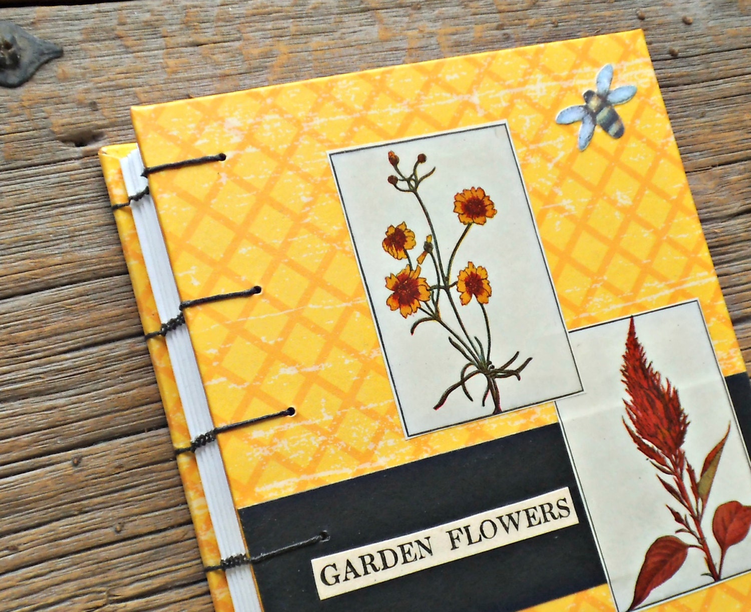Small Blank Coptic Stitch Garden Journal Yellow With Vintage Flower Illustrations Sketchbook