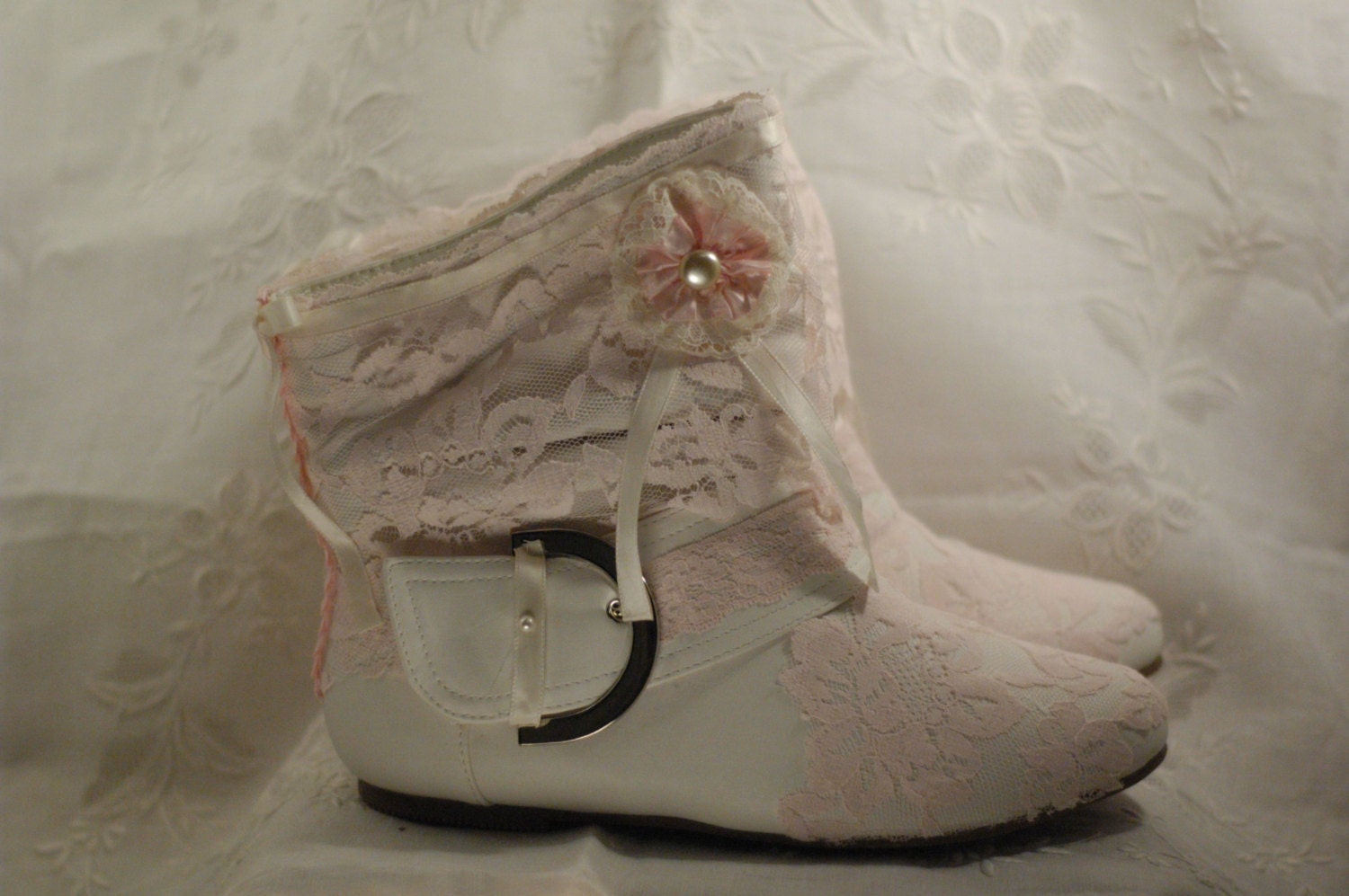 SALE Size 8's Marie Antoinette Ivory and Pink Embellished Boots