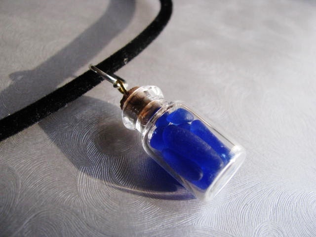 Recycled Jewelry - Cobalt Blue Sea Glass Necklace - Miniature Bottle - Sea Glass
