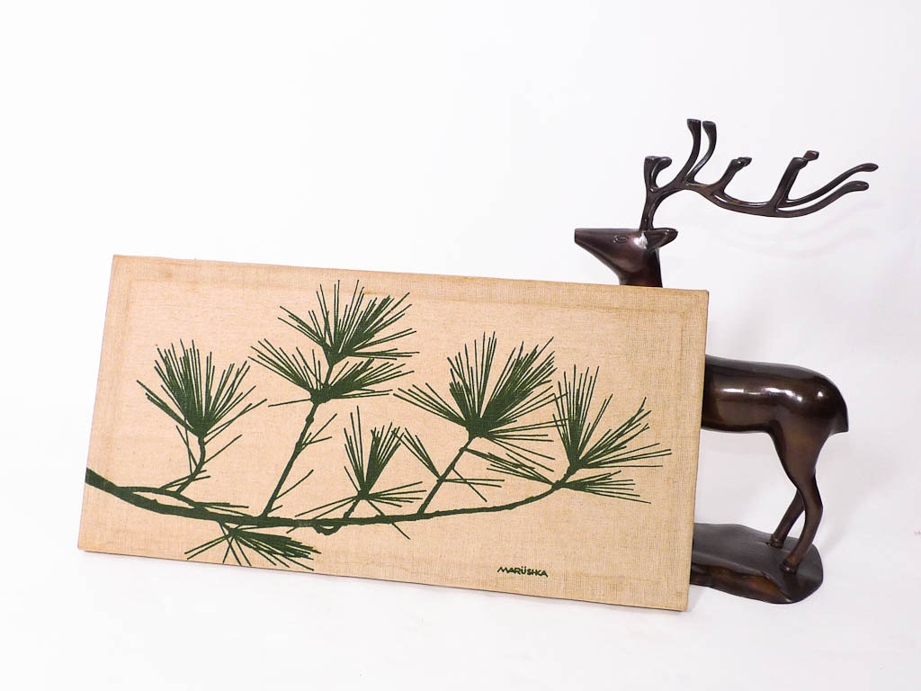 Vintage 1977 Marüshka Print : The Burlap Danish Modern Pine Needles Screen Print Wall Hanging