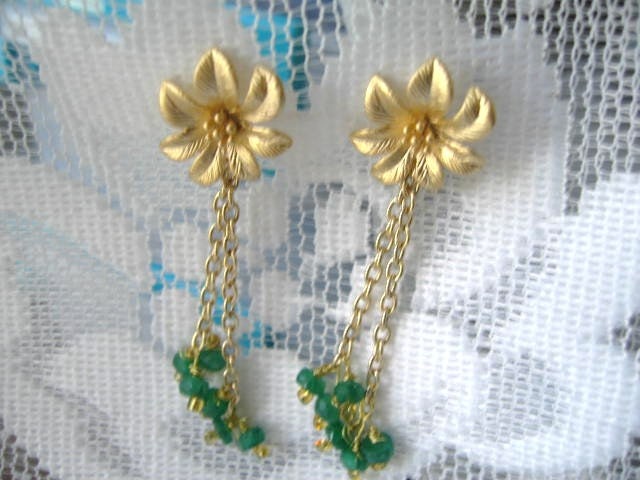 Cherish ... natural Zambian emeralds, May birthstone, matte gold floral posts