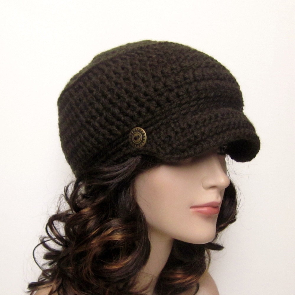 Dark Brown Cadet Hat - Womens Crochet Military Cap with Metal Buttons - Spring Fashion