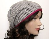 Silver Gray Slouch Beanie - Womens Slouchy Crochet Hat with Magenta Trim - Hipster Hat - Spring Fashion Accessories