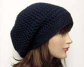 Navy Blue Slouch Beanie - Womens Slouchy Crochet Hat - Oversized Cap - Chunky Hat