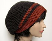 Dark Taupe Brown Slouch Beanie - Mens Slouchy Crochet Hat with Burnt Orange Trim - Oversized Cap - Chunky Hat