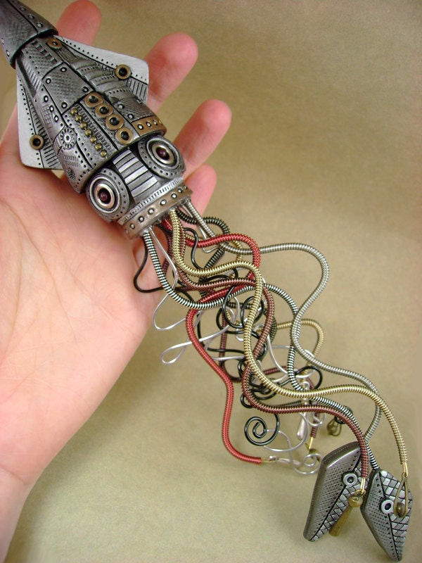 Giant Mechanical Squid No.2 - Steampunk Industrial Polymer Clay Sculpture