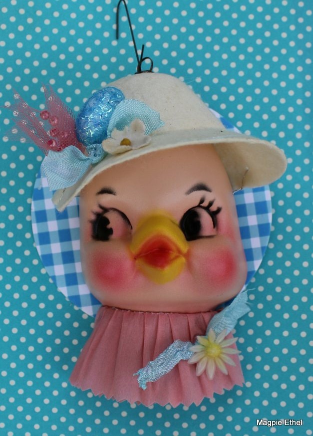 Vintage Style, Half Doll Head Easter Chick, with Pink Collar, Blue Bow