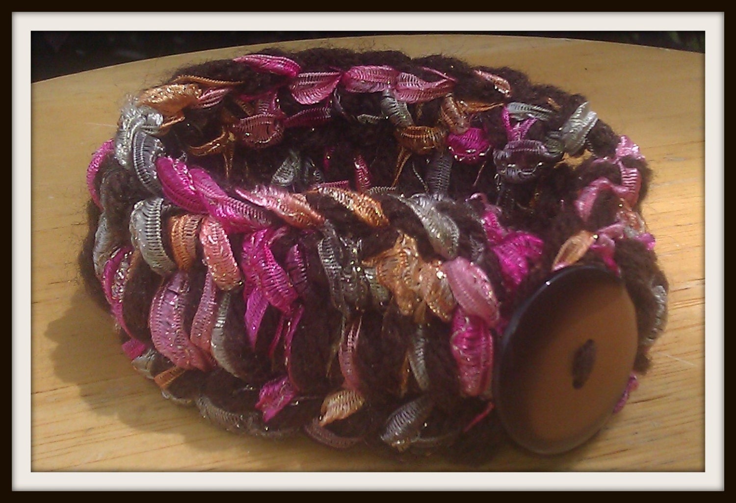 Handmade Tunisian Crocheted Button Bracelet, Ribbon