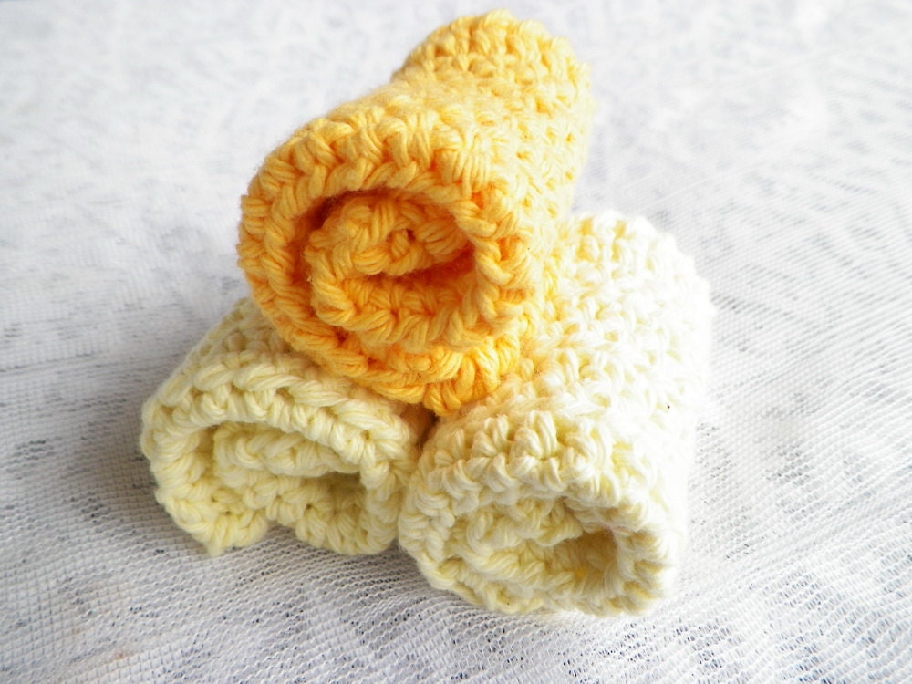 Set of Three Crochet Dishcloths or Washcloths in Lemon Yellow and Light Orange Cotton Yarn by MinnieMaes - MinnieMaes