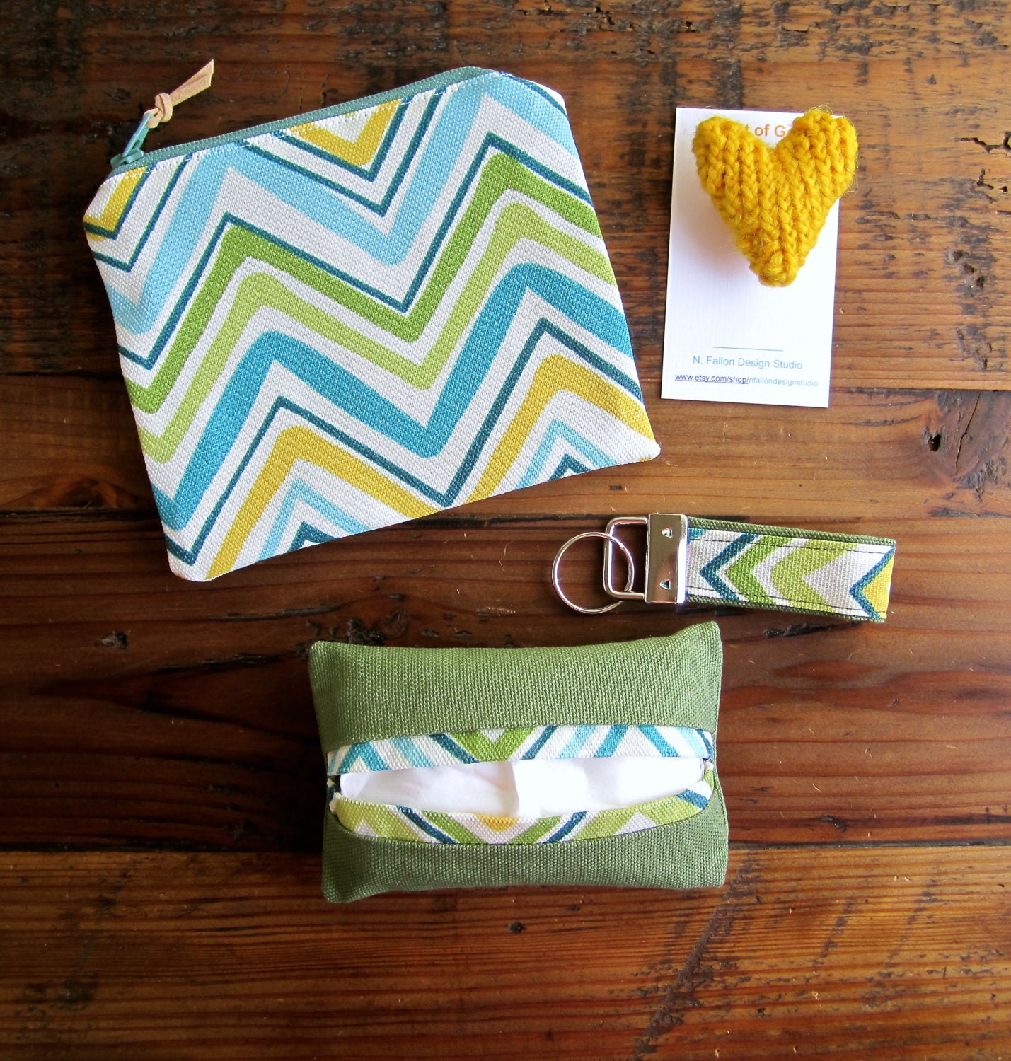 Coin Purse, Keychain, Tissue Case: Organize Your Purse Kit in Fern & Chevrons.