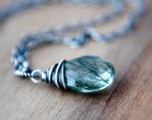 Rutilated Quartz Wire Wrap Necklace Sterling Silver Gemstone Green Pine Needle Woodland