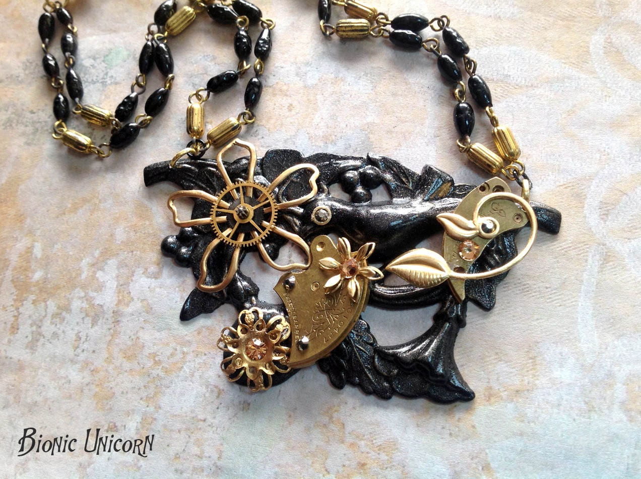 Mourning Glory Steampunk Flower Necklace - Black Enamel Necklace with Gold Tone Watch Gears and Flowers