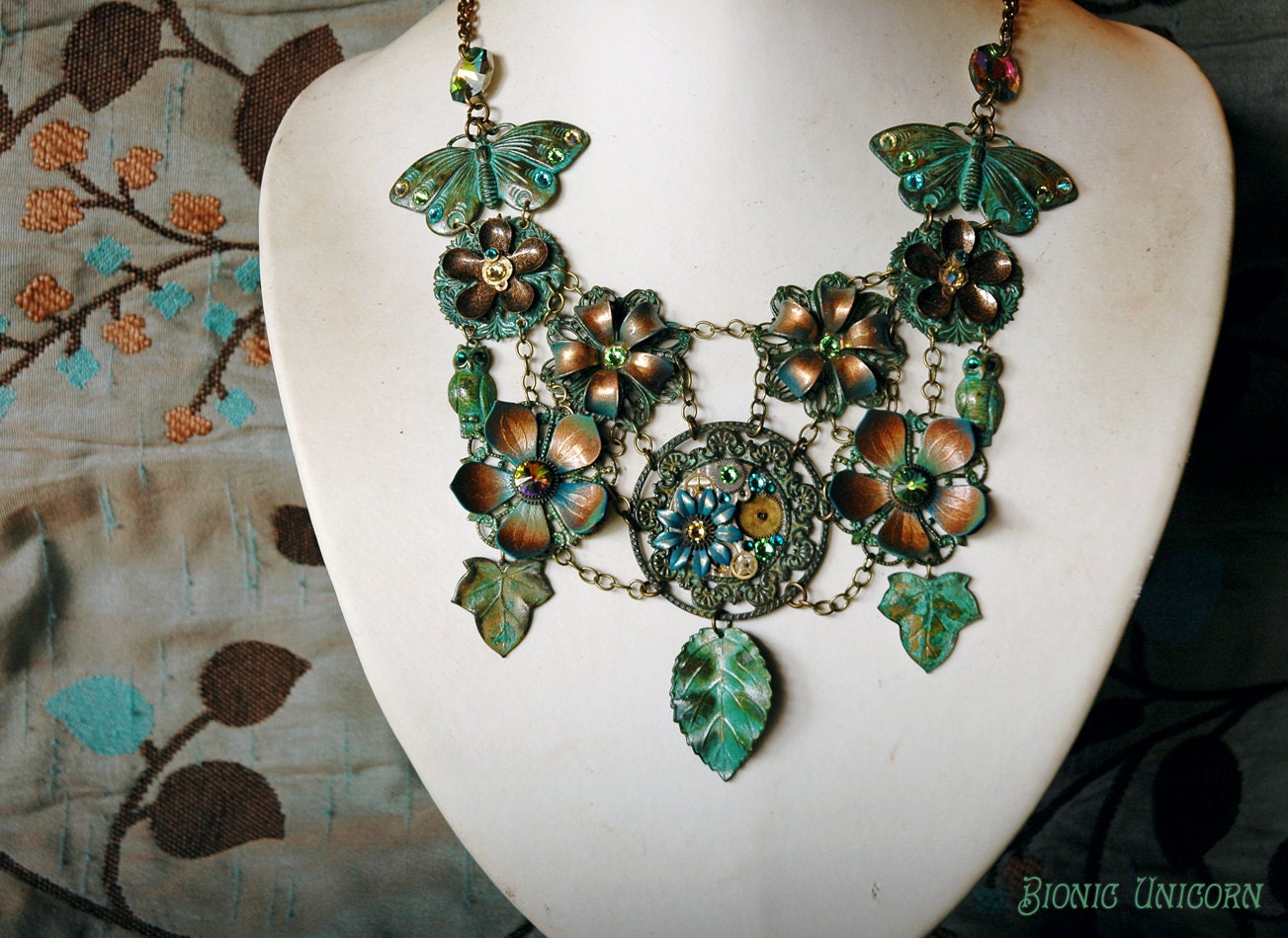 Forest of Illumination Steampunk Necklace - Steampunk Flower Necklace with Leaves Owls and Butterflies