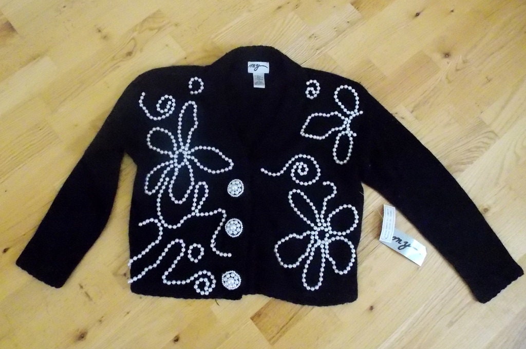 Rich black sweater cardigan large faux pearl buttons/decoration S/M new w/tags silk/lambswool/angora