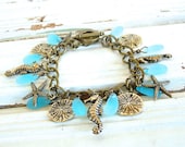 Brass Mermaid Charm Bracelet with Aqua Sea Glass