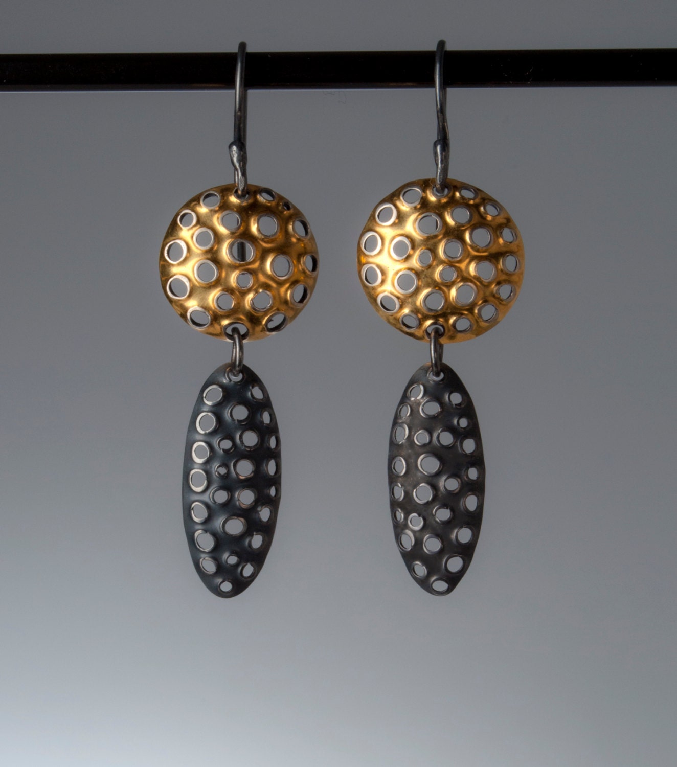 Dangle Drop Earrings 22k Gold and Blackened Silver Punched Hole, Small, Long, Round, and Oval