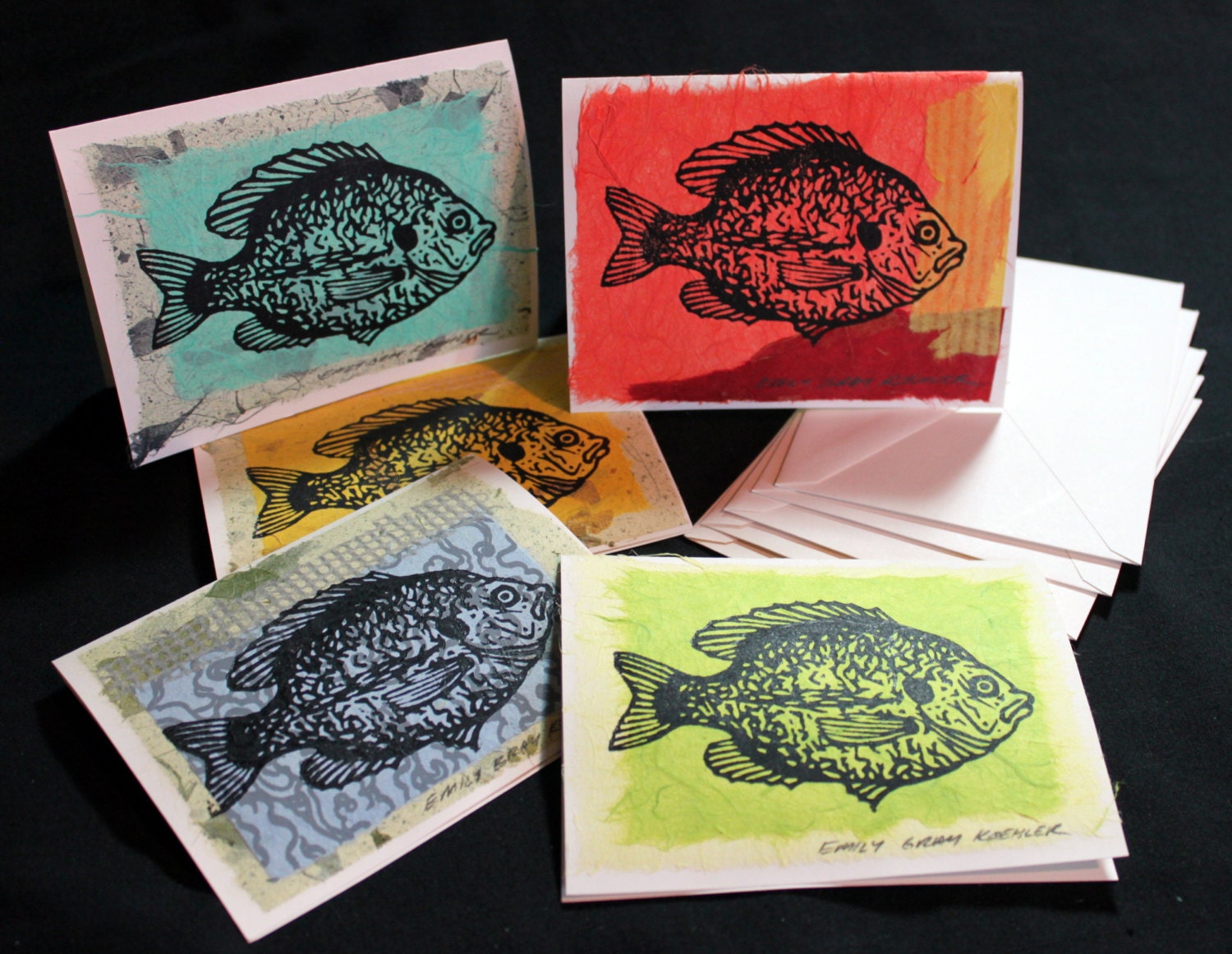 Sunfish - Five Assorted Hand Collaged & Printed Cards - Blank Inside
