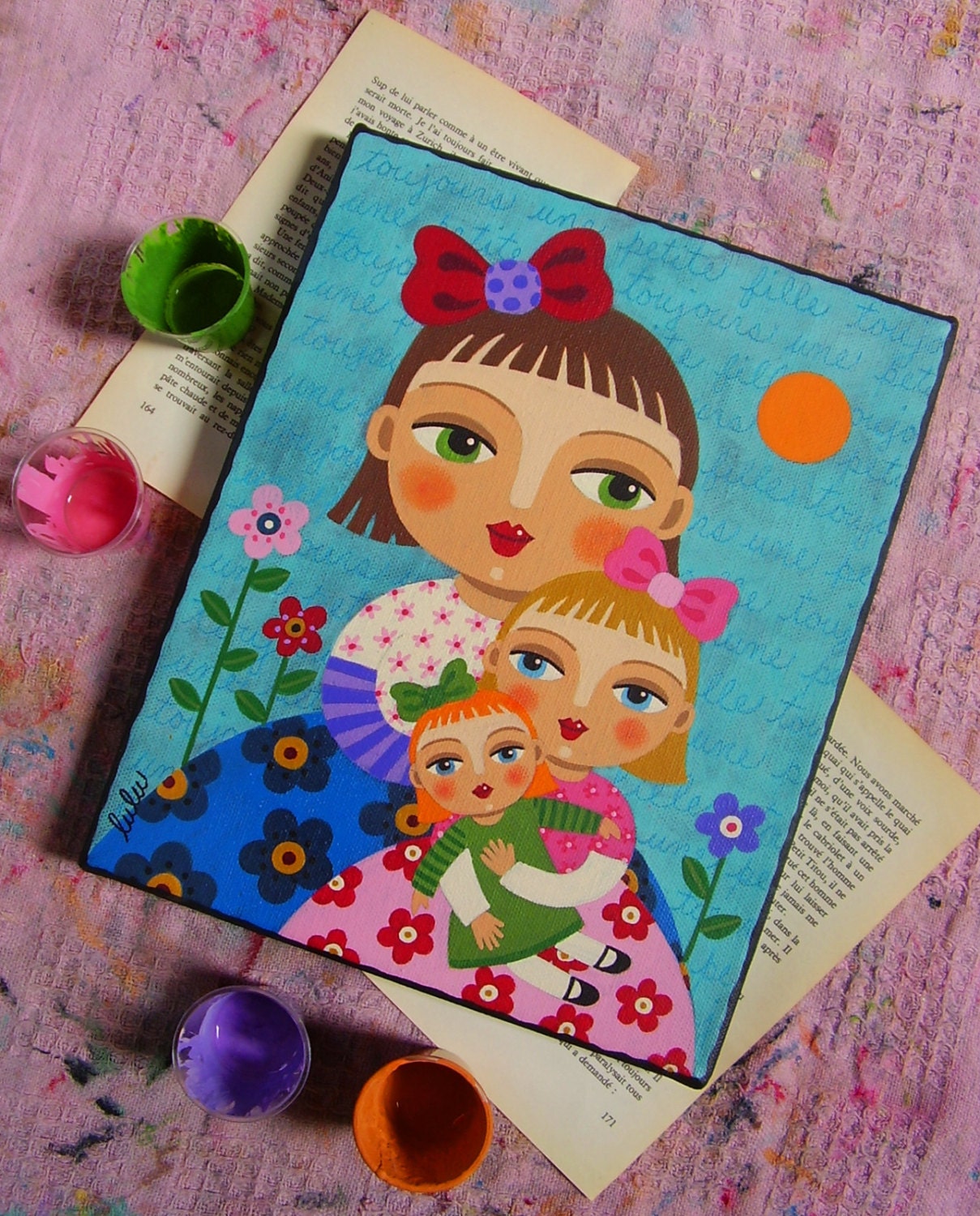 Mother Daughter and Doll 8" x 10" ORIGINAL Folk Art Canvas Painting by LuLu