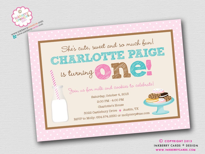 Milk and Cookies (Pink/Brown/Aqua) First Birthday Party Invitation (Digital File OR Cardstock Printed Cards Also Available)