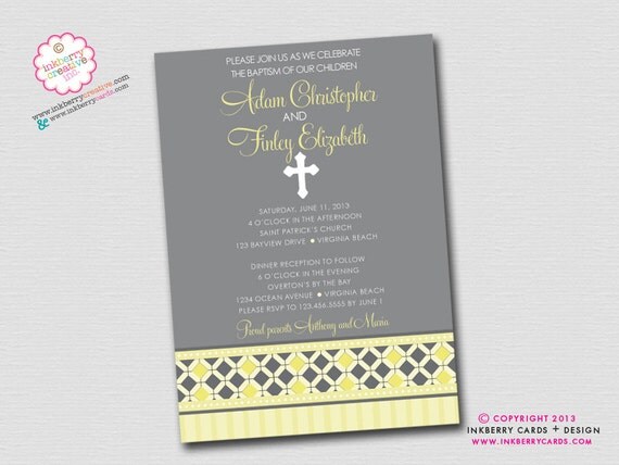 Yellow Diamond Band - Twins Baptism Invitation (Digital File OR Cardstock Printed Cards Also Available) Il_570xn