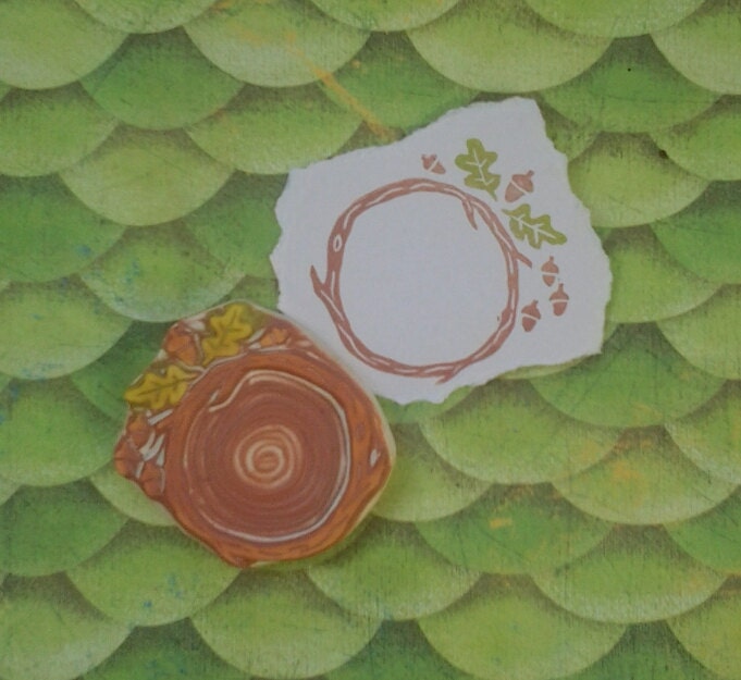 Oak Leaf and Twig Circle Rubber Stamp Hand Carved