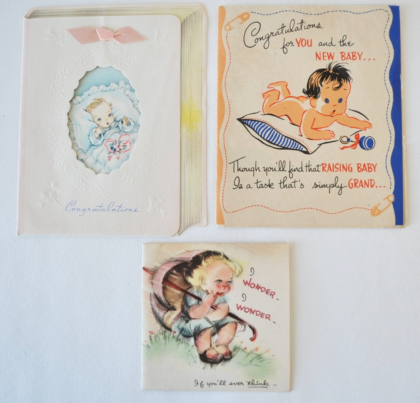 3 antique greeting cards---congratulations birth of baby, gift tag card--vintage greeting cards