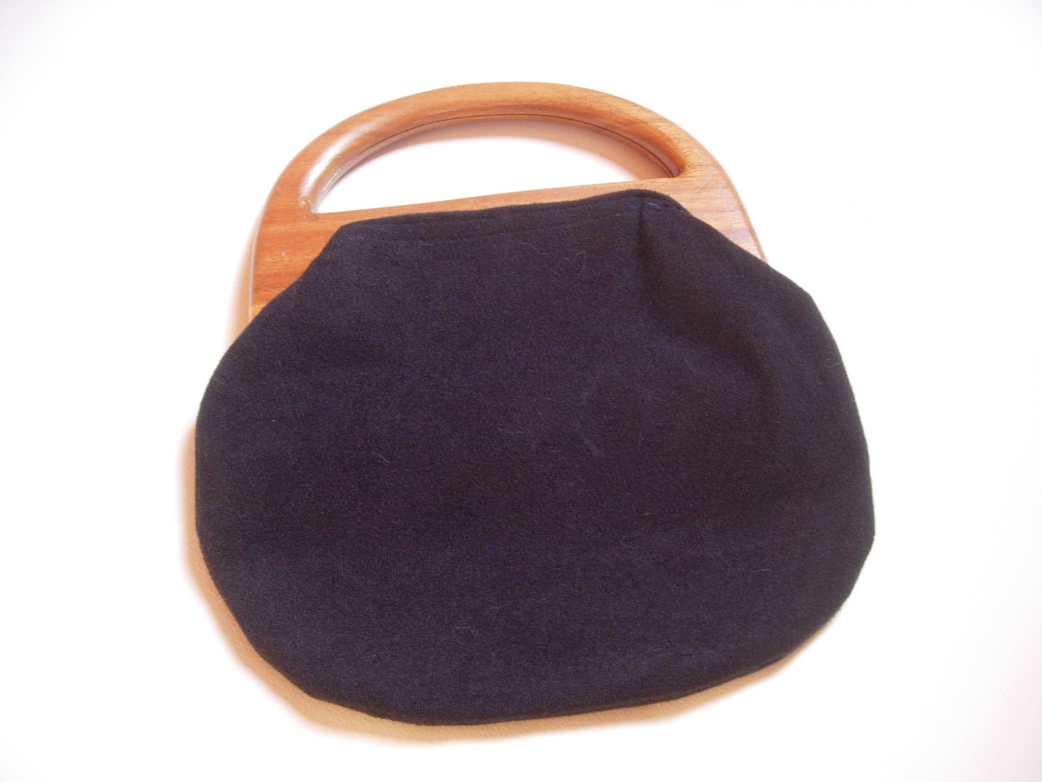 SALE / Wooden Handle Black Felt Bag Purse Clutch 70s Boho Hippie Folk Tote