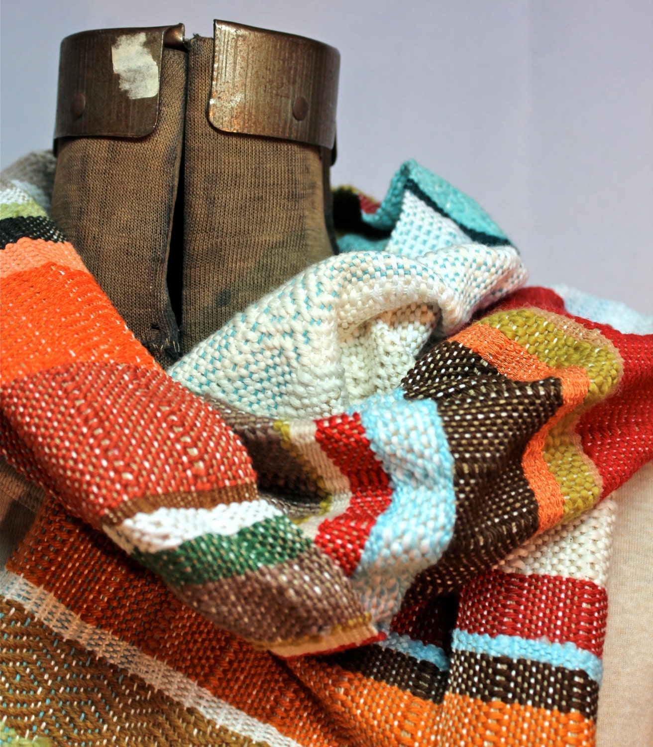 Beatrice- Handwoven Poppy, Nectarine and Sky Blue Scarf - Orla Kiely Inspired Wove Statement