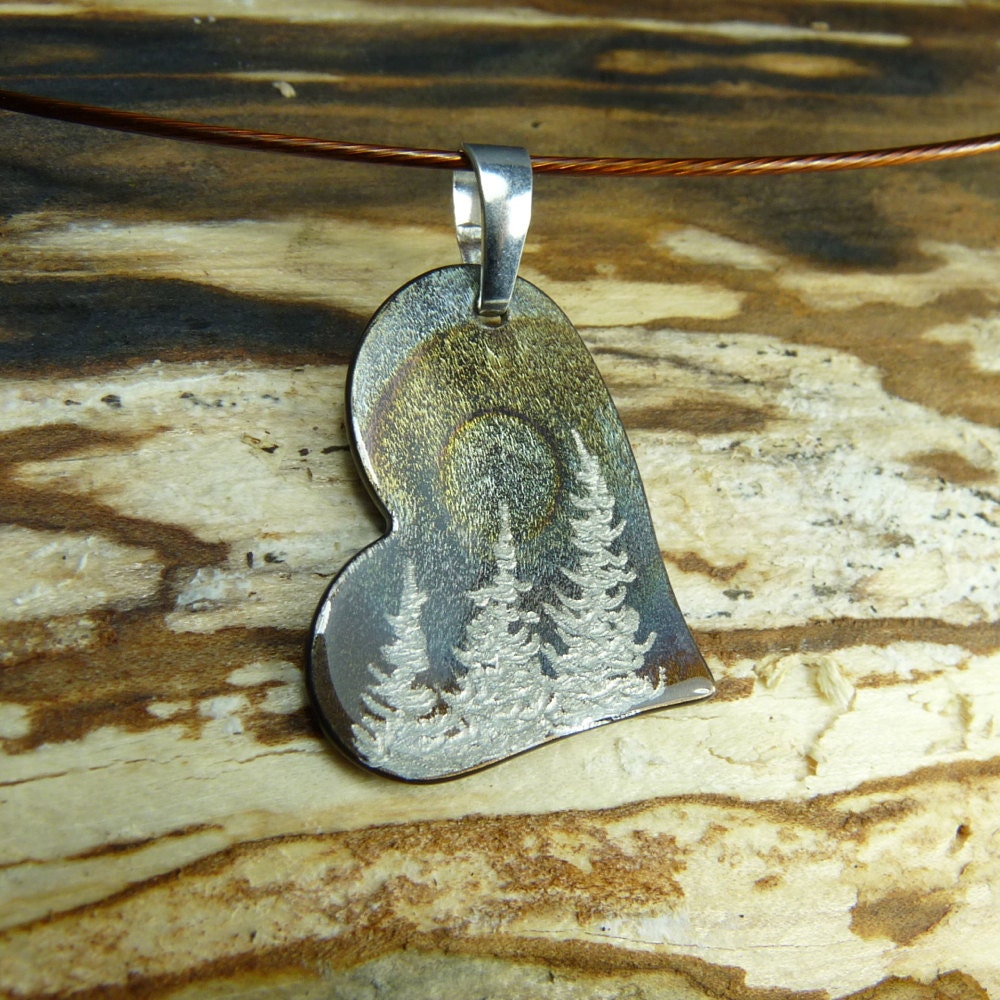 THREE TREES PENDANT. Heart Necklace with Evergreen Trees in the Moonlight