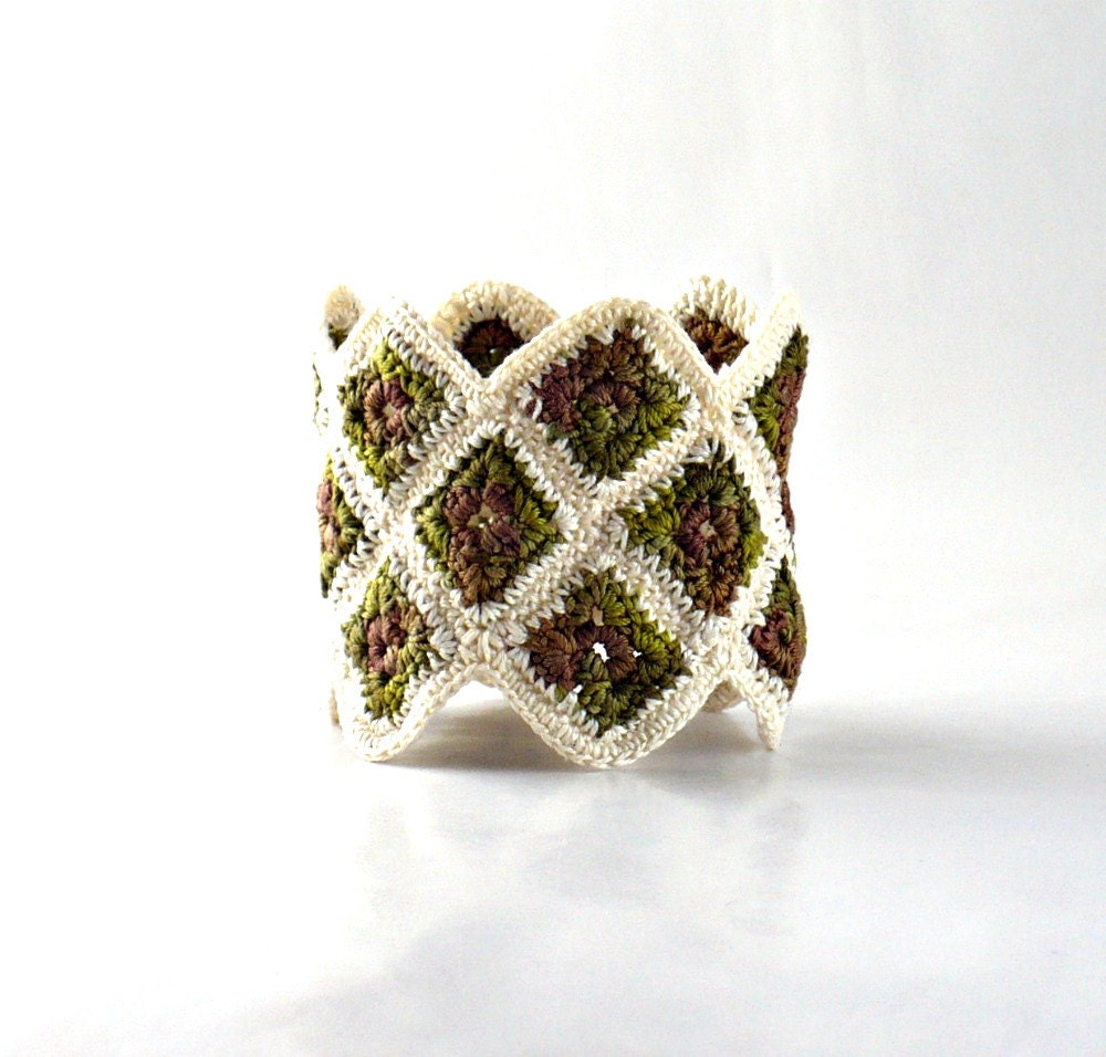 Crochet Cuff Bracelet Fiber Bracelet Miniature Granny Square Crochet Bracelet in Olive Cream Brown