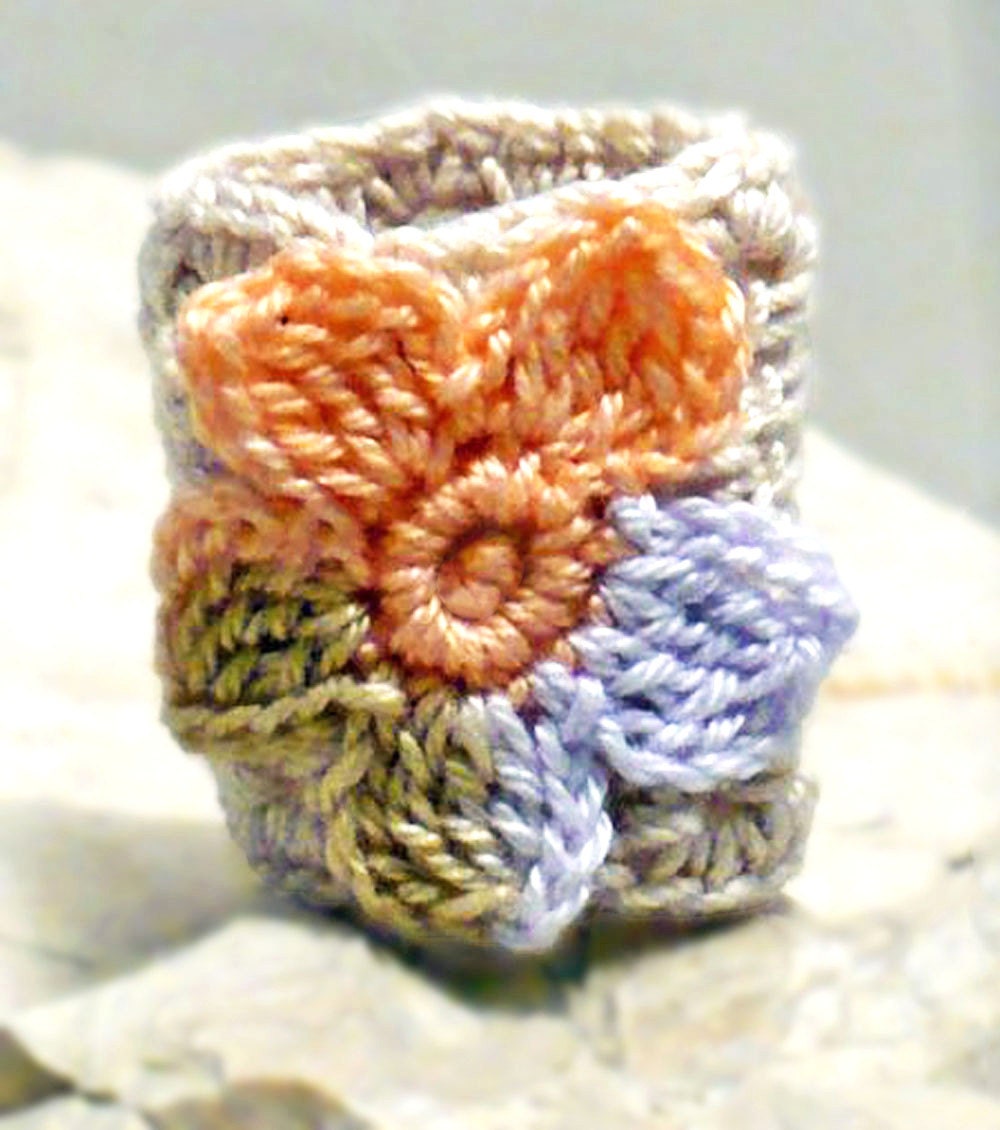 Crochet Ring Fiber Ring Flower Applique Caramel Peach Wisteria on Ecru Band