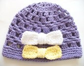 ON SALE - Crocheted Purple Cotton Summer Hat with Removeable Bows