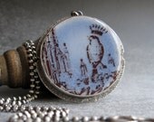 PENDANT sterling silver floret edge blue porcelain with crown bird