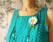 Spring Daisy necklace, Statement jewelry, Vintage enamel daisy brooch statement long pearl necklace, Easter Sunday flapper jewelry
